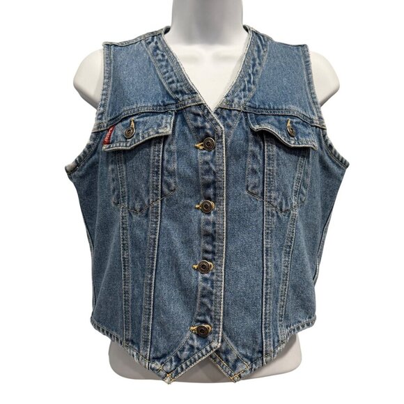 VTG Y2K Union Bay Denim Vest Patch Pockets Button Up Boho Hippie Western Women L - Picture 1 of 13